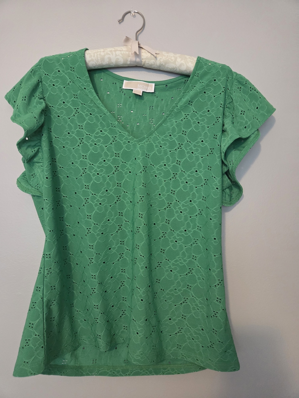 Michael Kors Green Eyelet V-Neck Ruffle Sleeve Top